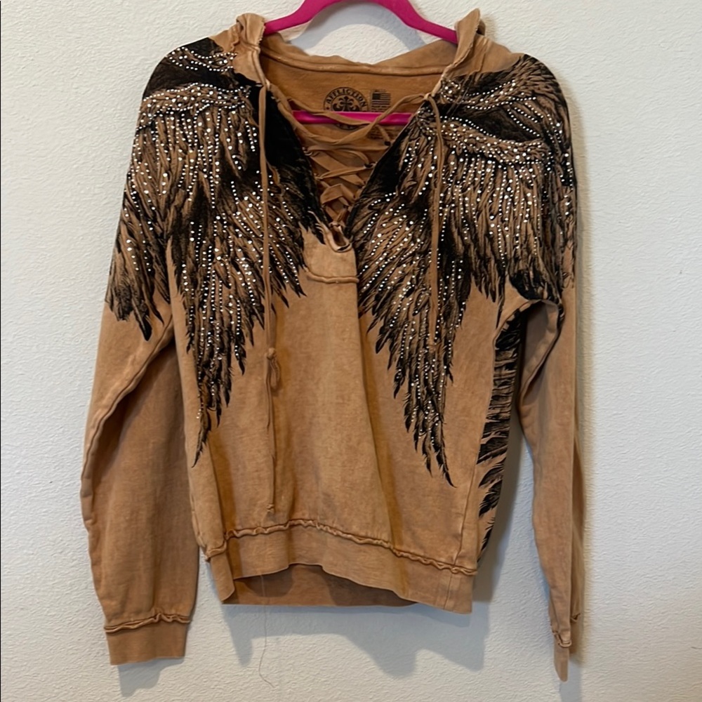 Affliction Tan Hoodie with Black Wing Design